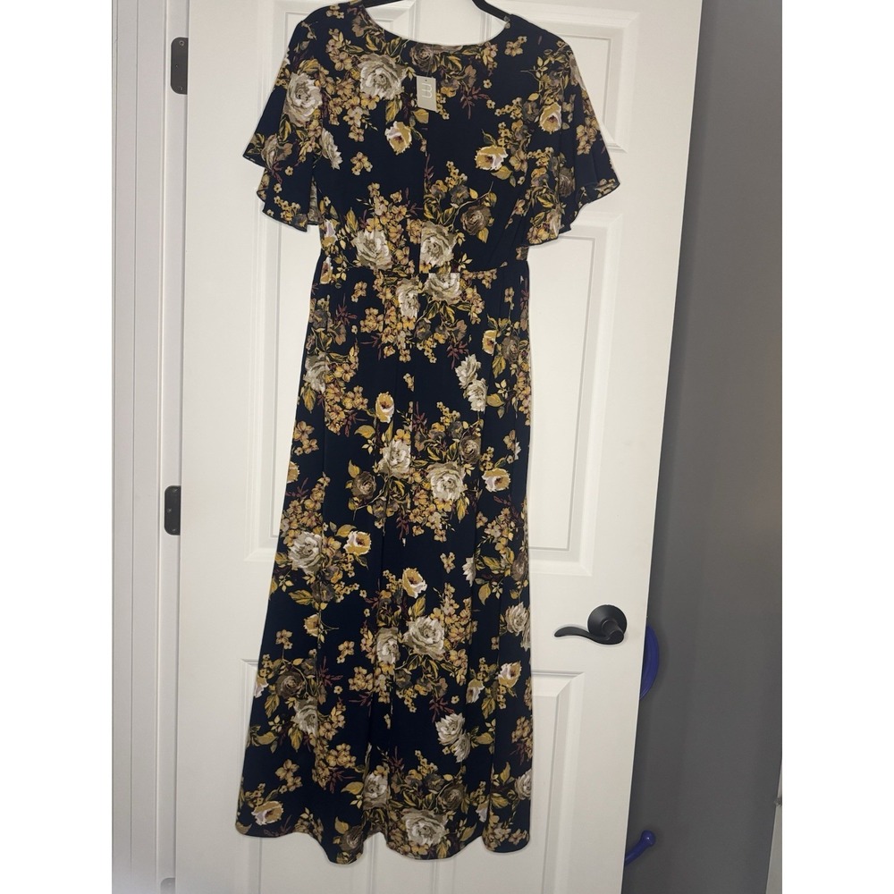 Maurices Maxi Dress Navy Mustard Multi Floral Short Ruffle Sleeve Small Nwt 49 - Picture 2 of 2